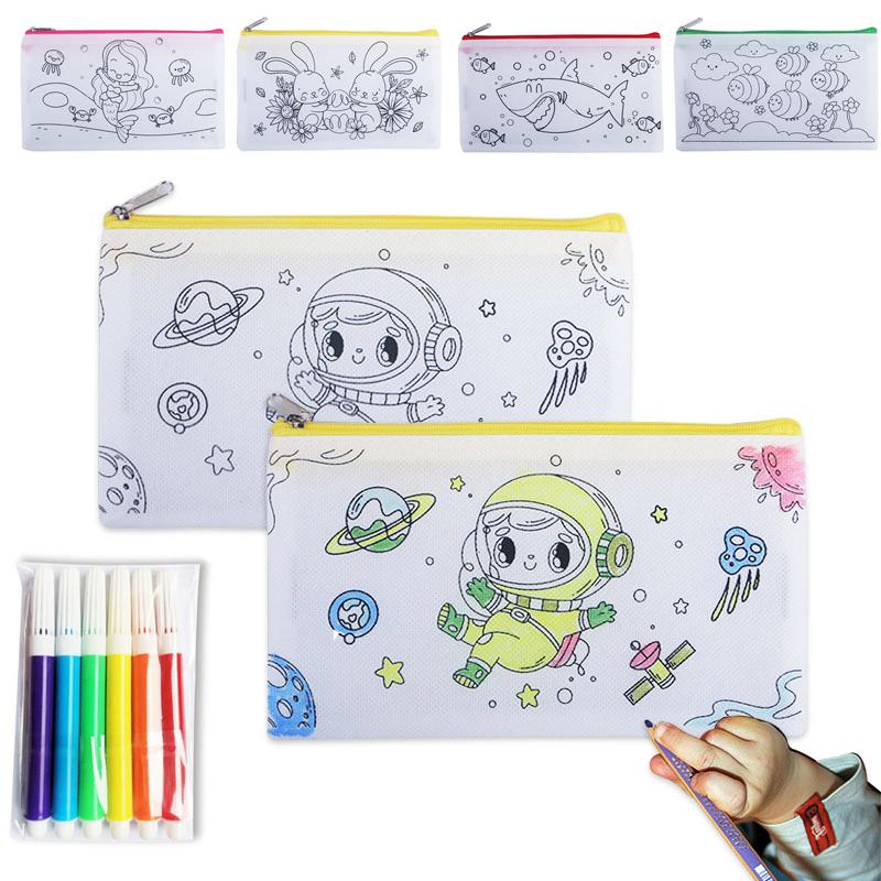 5pcs DIY Kids Graffiti Stationery Bag Zipper Pencil Case Bag Children's Draw Painting Non Woven Colored Zipper Bags Gift