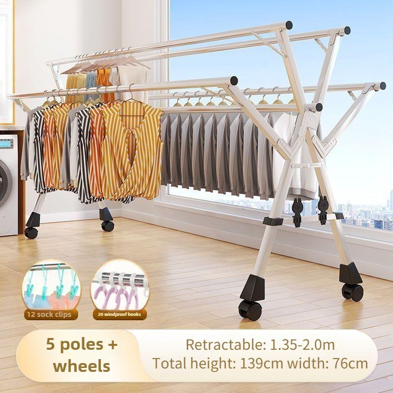 Household Foldable Clothes Hanger Rack Balcony 5 Pole Extendable Clothes Drying Tool Stainless Steel Clothes Drying Rack