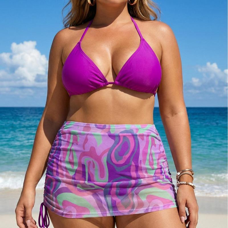 Europe and America 2026 New Bikini Sexy Printed Large Size Swimsuit Bikini Three-piece Split Swimsuit Women