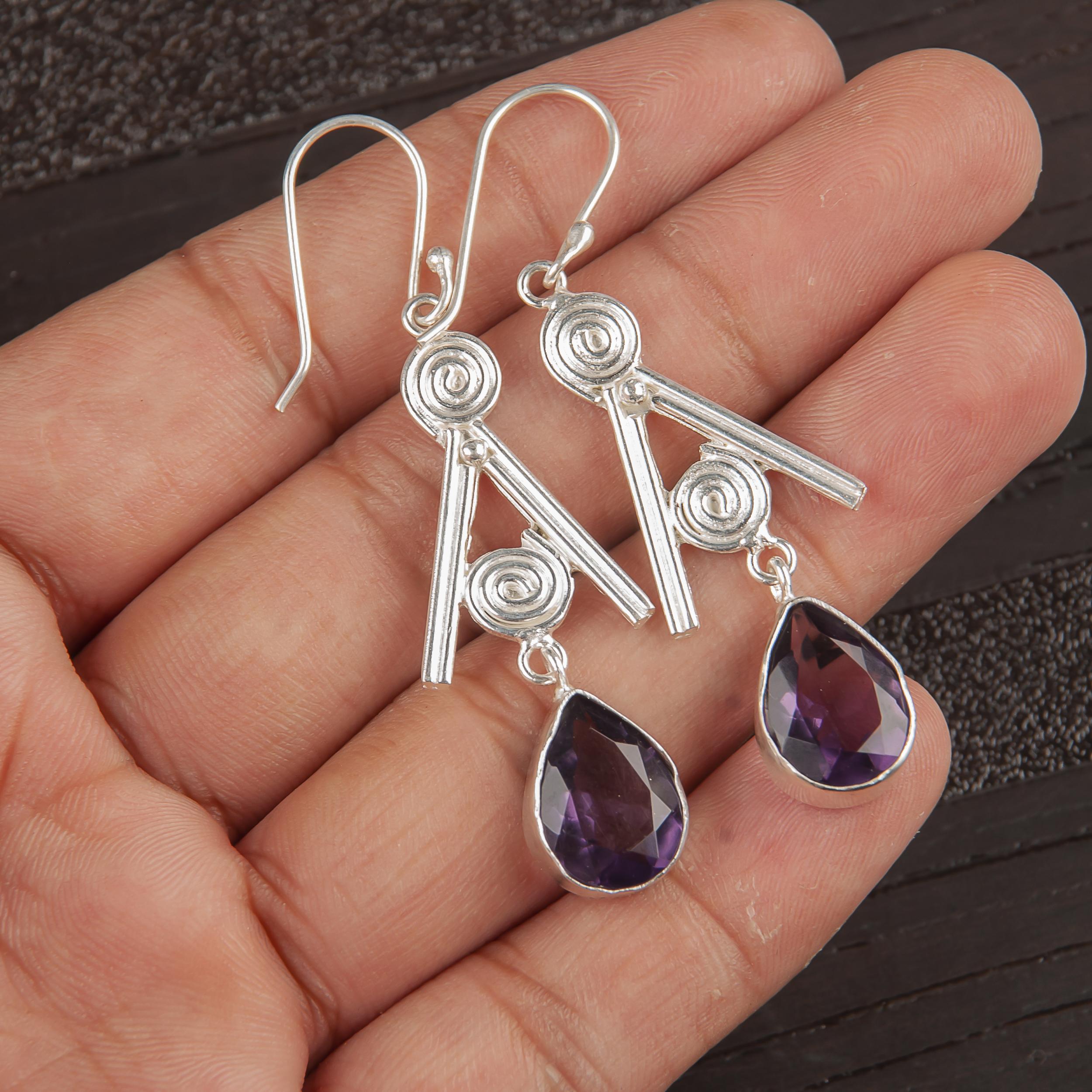 

Amethyst Earrings Gemstone Jewelry, 925 Solid Sterling Silver Earrings, Gift For Women Handmade Pendant 2.4 Inches фіолетовий