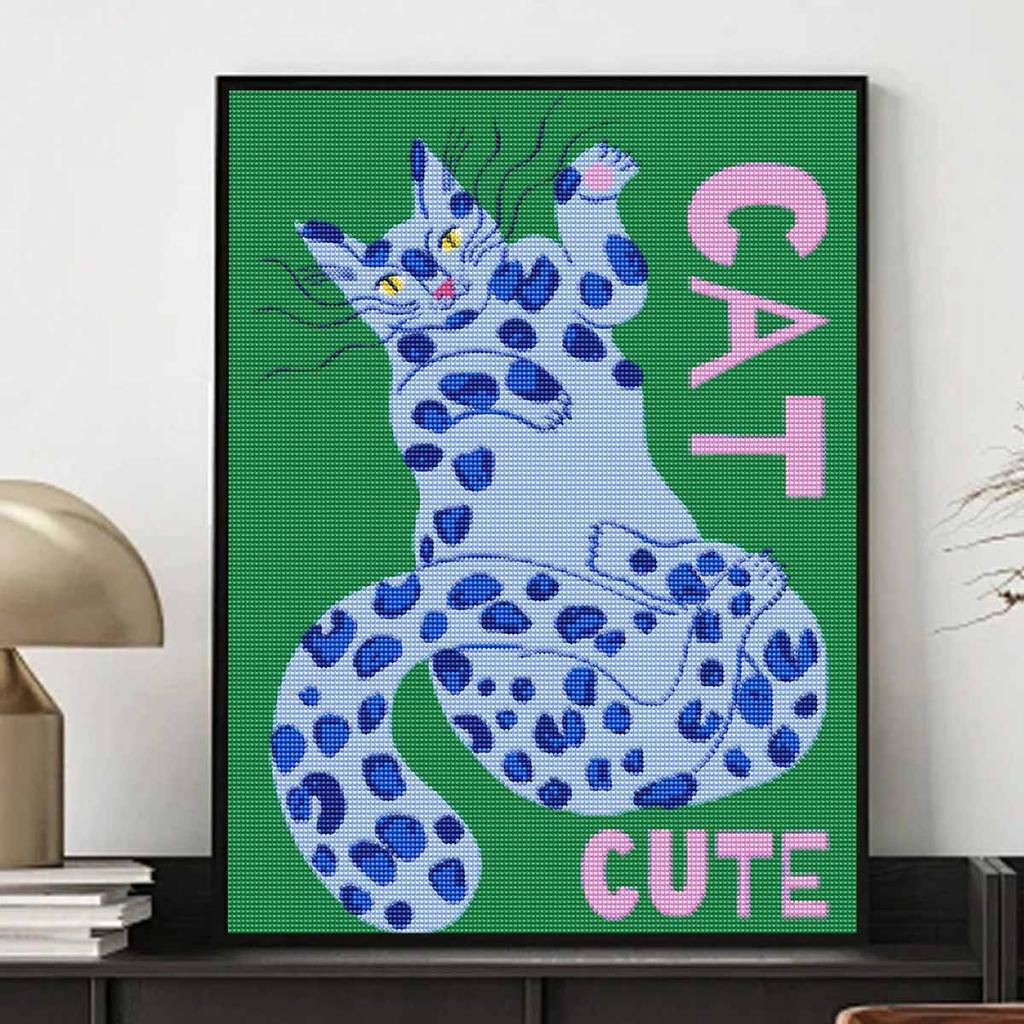 5D Full Round Diamond Painting Kit Cute Blue Spotted Cat Retro Green Background Animal Wall Art