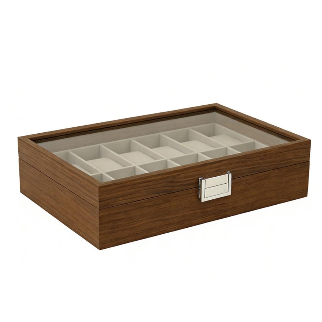 Watch Box Display Case with Glass Lid Dust Proof Watch Holder Organizer for Most Styles Walnut Grain 12 Slot