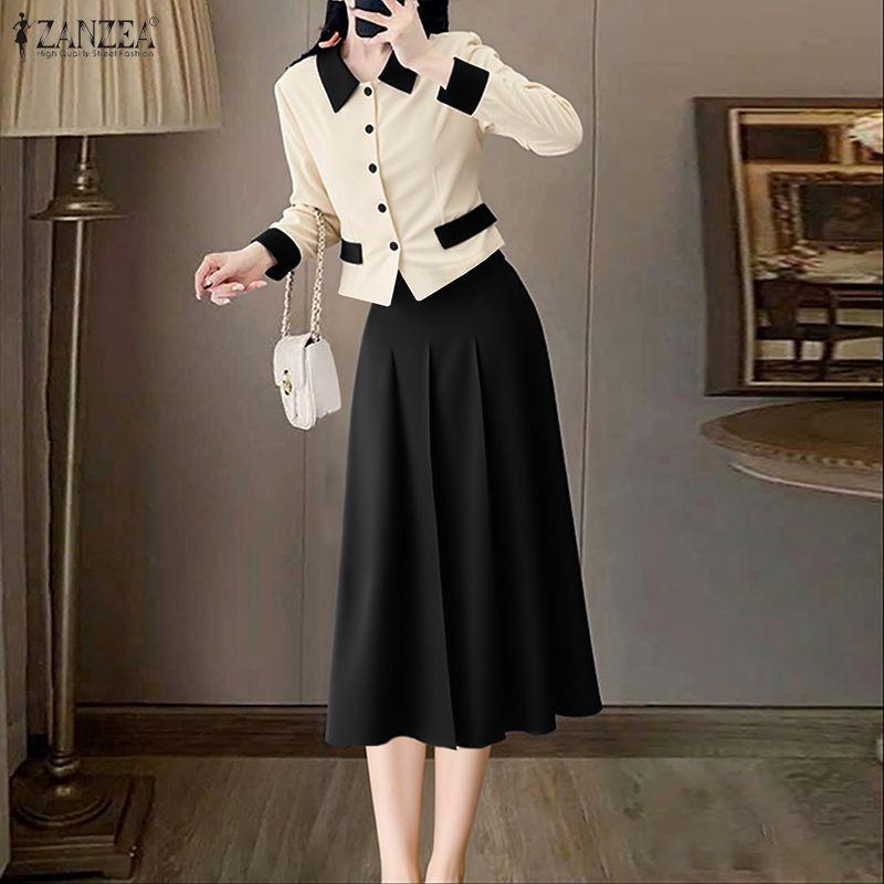 ZANZEA Women Long Sleeve Blouse and Skirts Casual Two Piece Suit Sets
