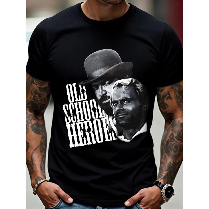 Men'S T-Shirt Black Old School Heroes Movie Characters Print Casual Wear for Everyday Street Style And Fan Apparel
