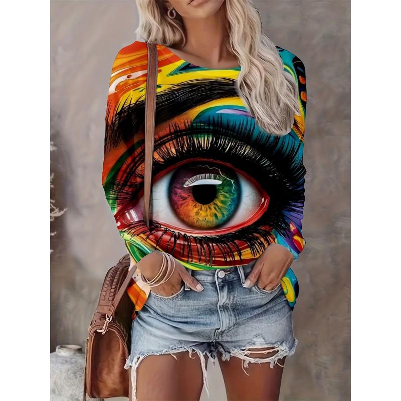 Abstract Tie-Dye 3D Digital Print Loose Fit Womens Crew Neck Long Sleeve T-Shirt Casual Comfort Top