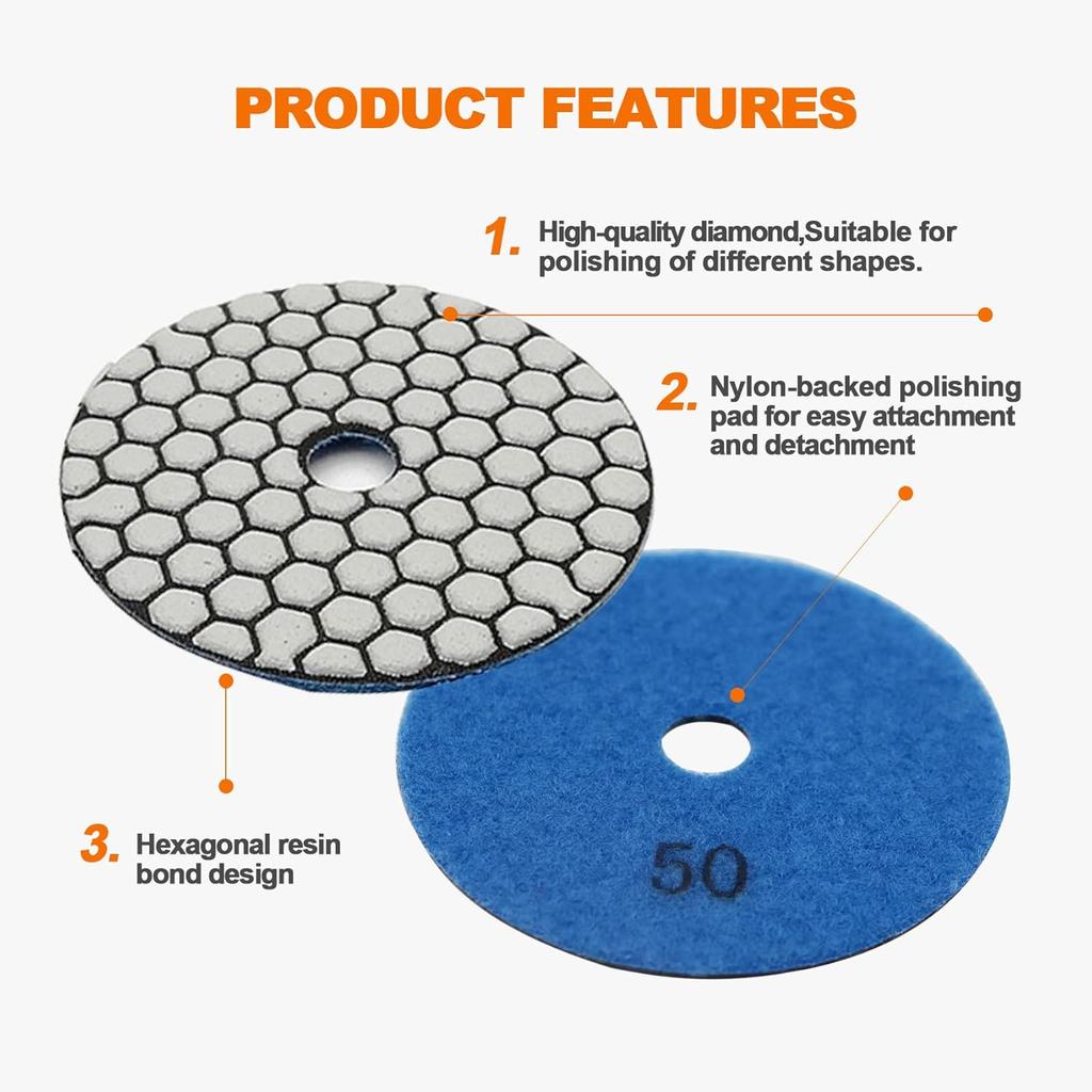 Dry Diamond Polishing Pad Set,7pcs 4 Inch #50 for Stone Marble Quartz Granite Sanding Disc Countertop Polish Polisher Pads Kit Tools Used On Grinder
