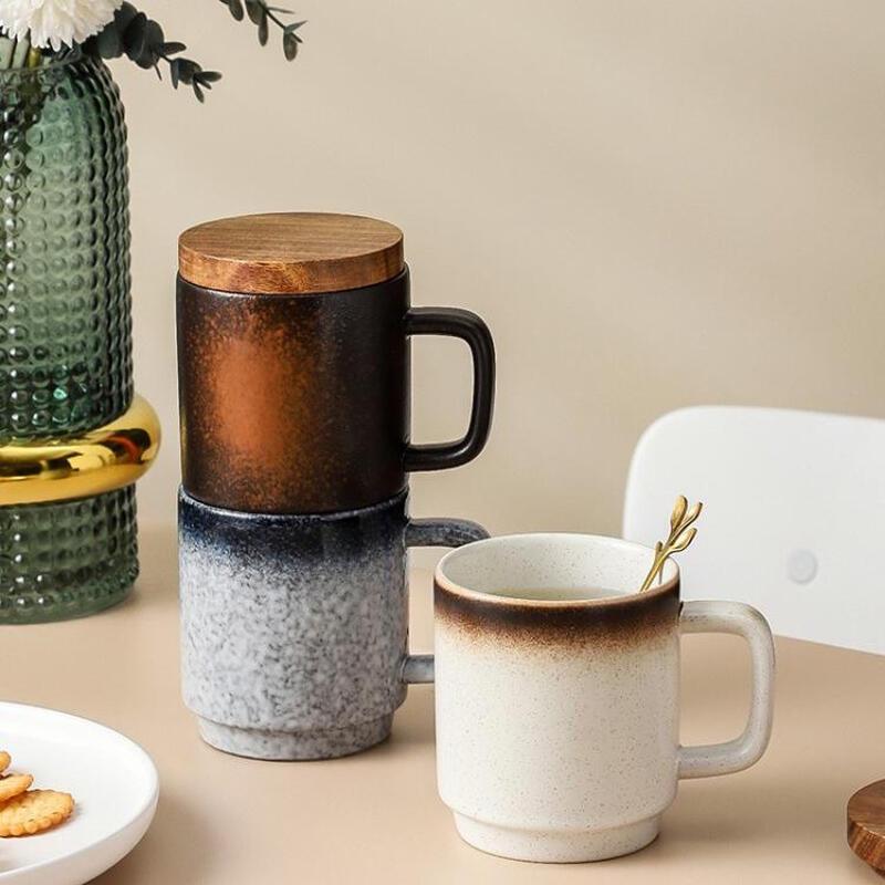 Large Creative Ceramic Coffee Mug Set with Lid and Spoon