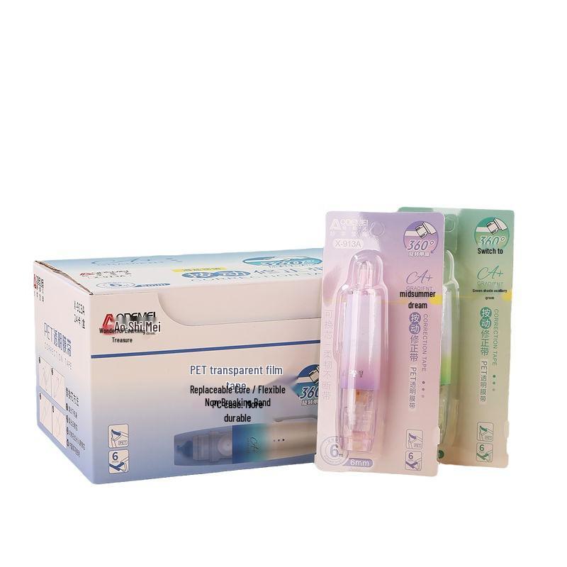 Rotating Press-Activated Correction Tape with Transparent Film Tip and Replaceable Core