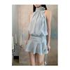 Neck Dress Women's Summer Sleeveless Short Skirt High Sense French Spice Girl Design Sense Temperament Striped Blue Skirt