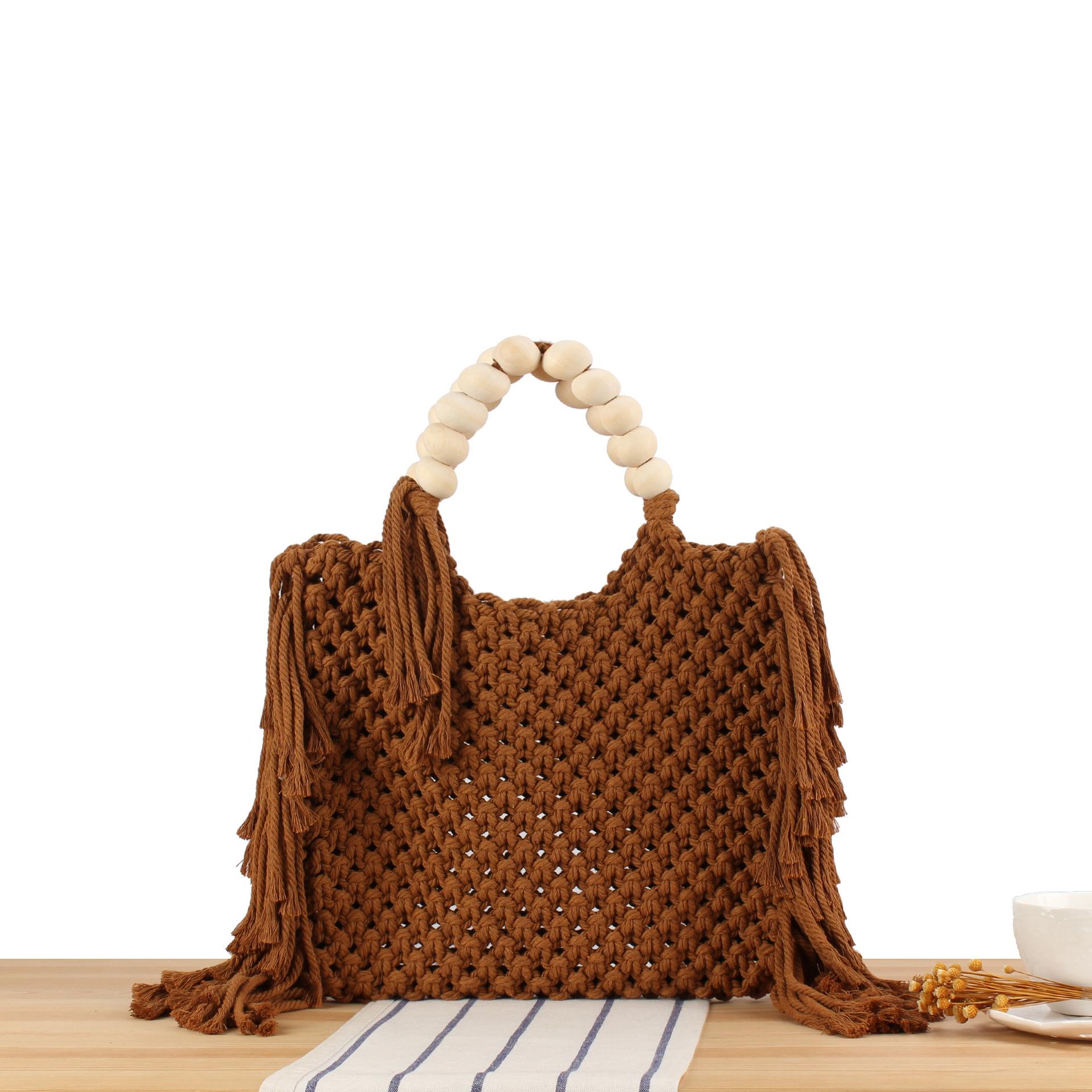 

Handmade Crochet Women Bag Long Tassel Woven Bags for Women Handbags Beaded Handle Purse Rope Knitting Shopper Shoulder Bag Tote