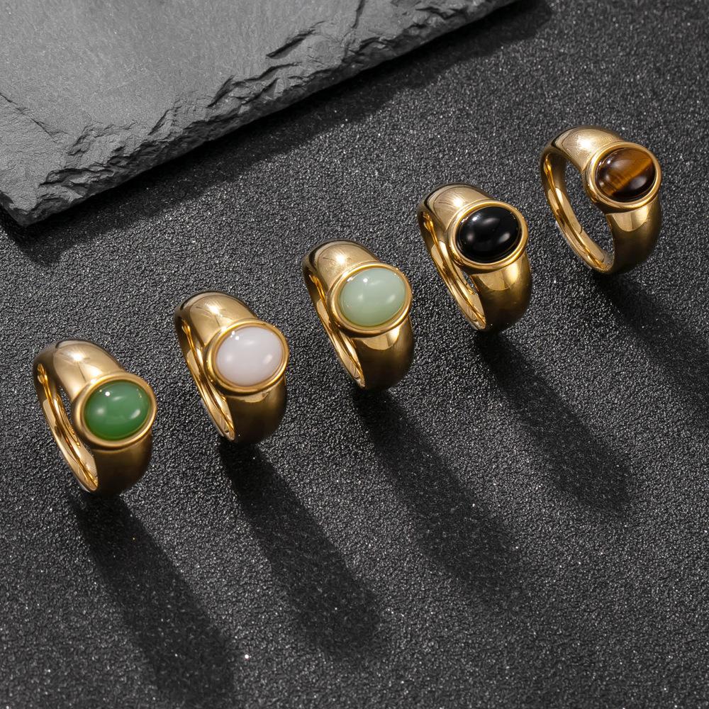 Neuer Vintage Ovaler Natursteinring für Damen Edelstahl Goldfarbener Ring Party Schmuck
