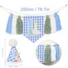 1st Birthday Highchair Banner Goose Theme Blue Ginghams Tassel Banner Hat Photo Prop for Boy Girls Birthday Party Decorations