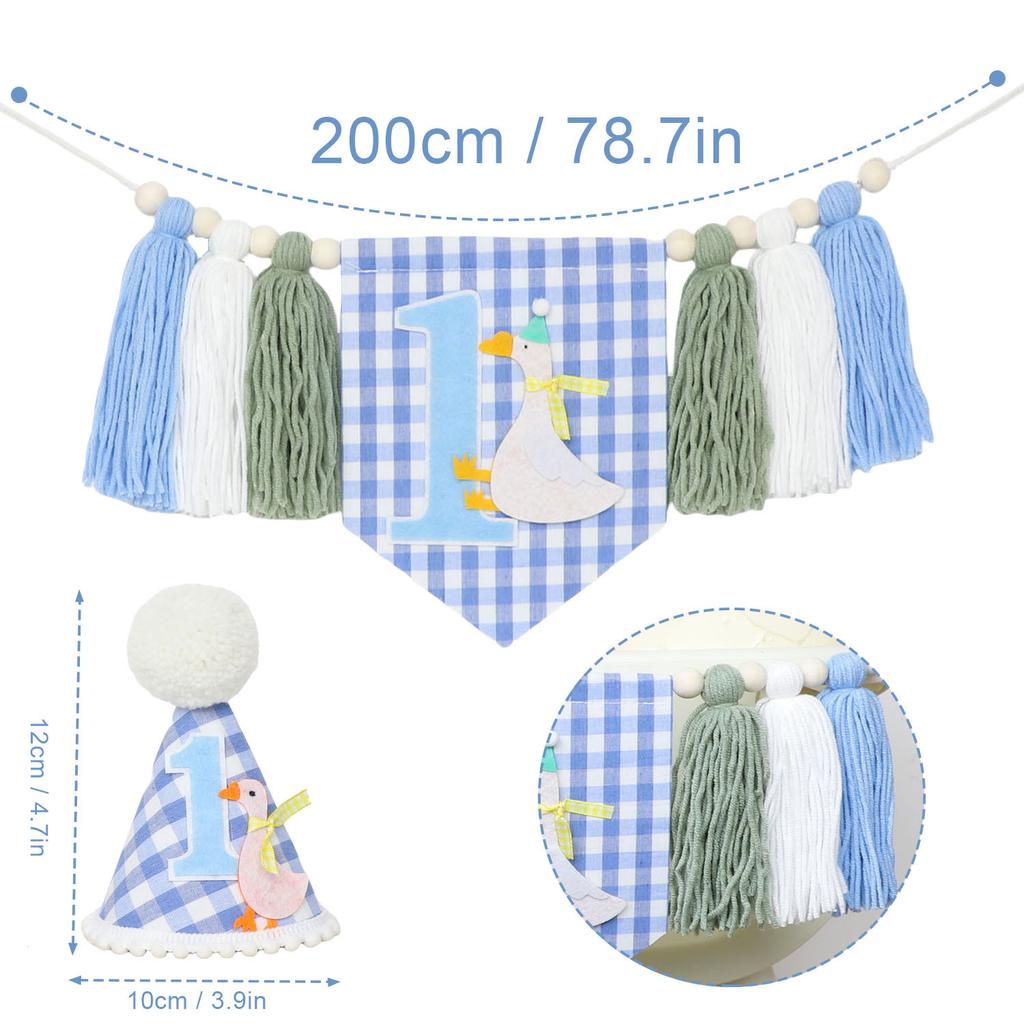 1st Birthday Highchair Banner Goose Theme Blue Ginghams Tassel Banner Hat Photo Prop for Boy Girls Birthday Party Decorations