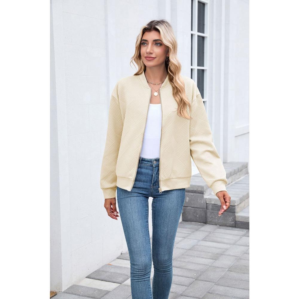 Women's Long-Sleeve Jacket Fall/Winter Solid Color Crew Neck Zipper Loose-Fit Long-Sleeve Sweatshirt Women's Baseball Jacket