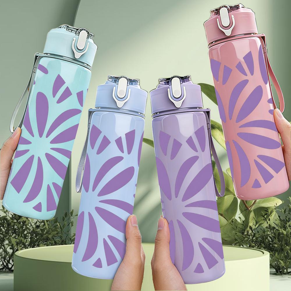 1PC Purple Floral Heart 750ml Color Plastic Sports Water Bottle Leakproof Flip Straw Lid Suitable for Sports Office Home Use
