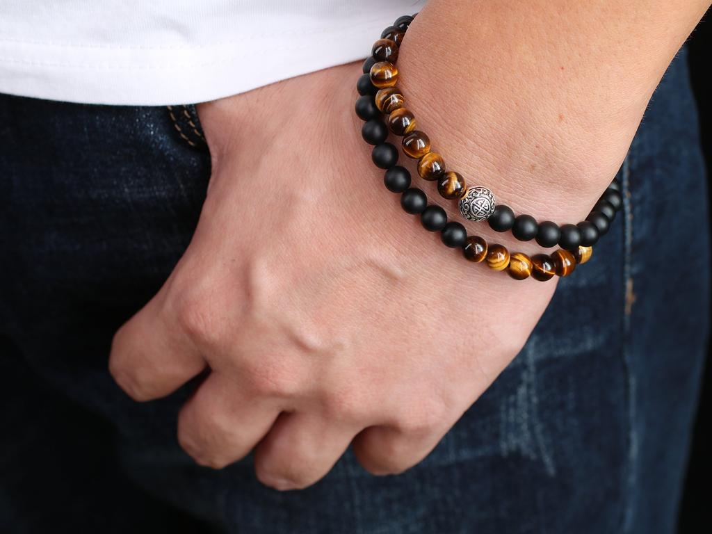 COAI Tiger Eye Matte Onyx Antique Finish Silver Lightning Carving Money Luck Good Luck Charm Double Wrap Power Stone Bracelet for Men and Women