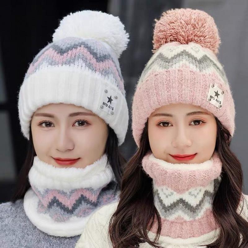 Hat Women's Autumn and Winter Casual Ear Protector Wool Hat Thickened Plush Warm Hairball Student Cycling Knitted Hat