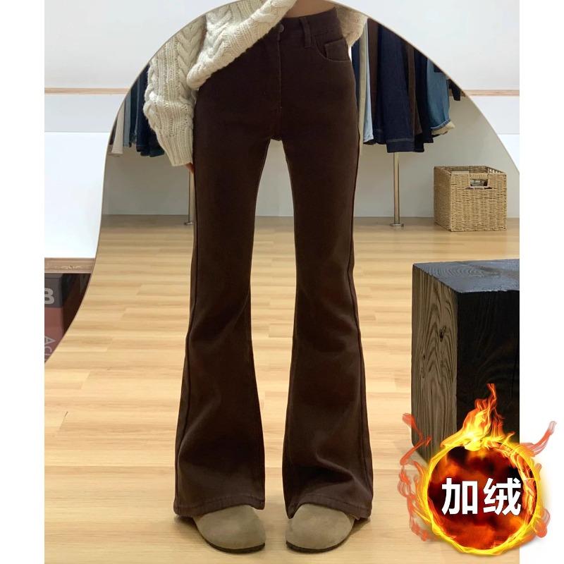 Fleece thickened brown slightly pulled jeans women's winter new m high waist thin elastic flared pants