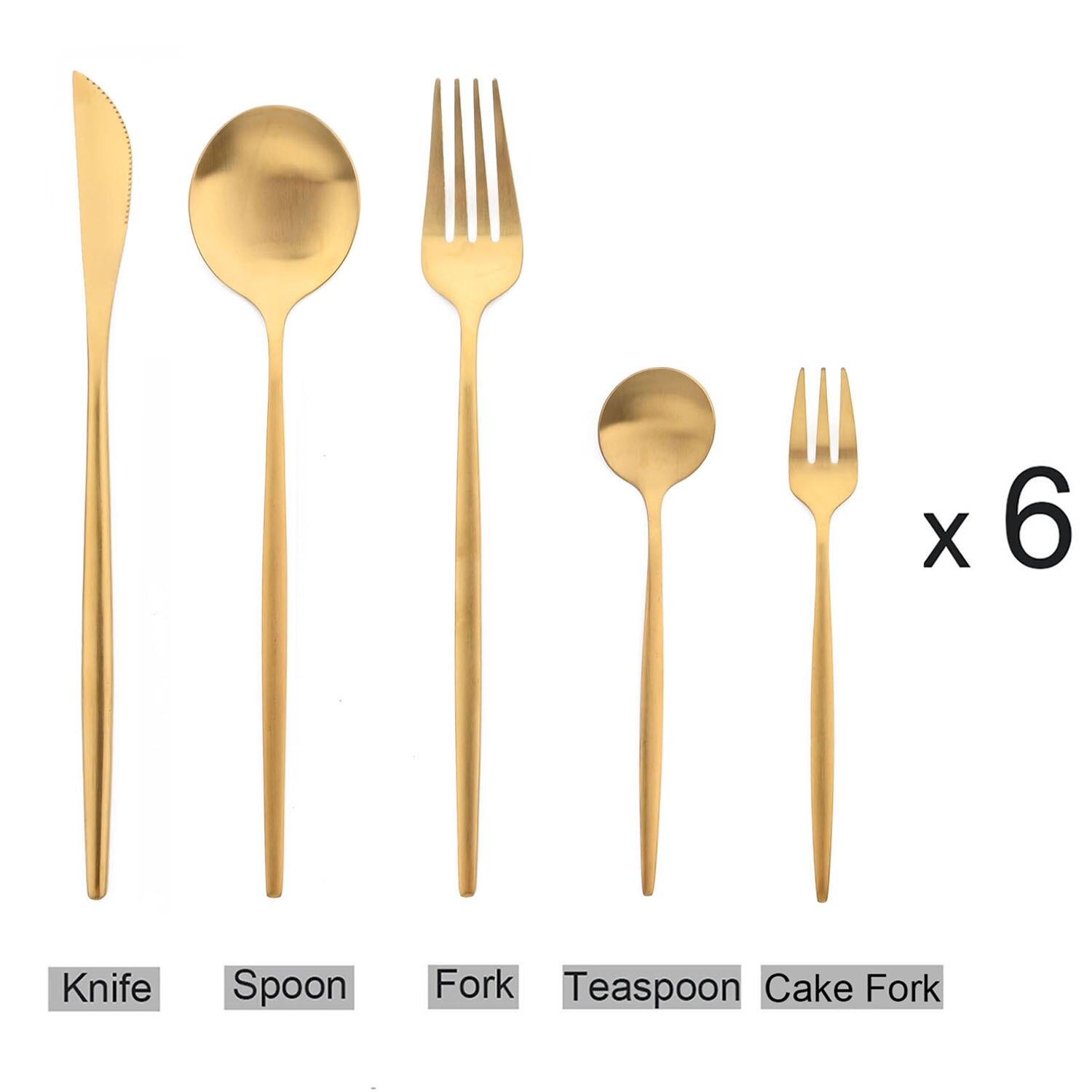 

JANKNG 30 шт., матовый золотой набор столовых приборов, набор столовых приборов из нержавеющей стали, нож, вилка, ложка, столовая посуда для торта, столовое серебро в стиле вестерн, посуда золотой