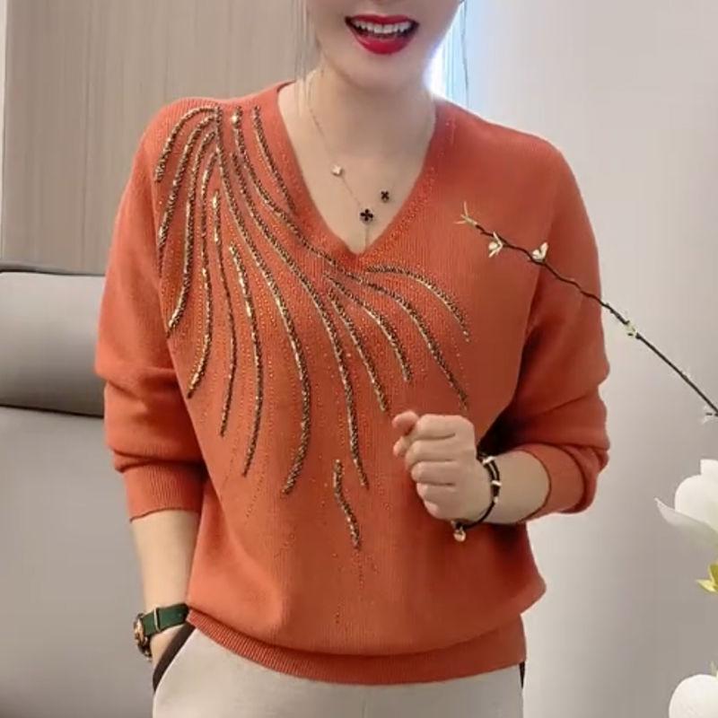 Autumn Winter Women Sweaters Pullovers Solid V-Neck Diamonds Temperament Fashion Casual Long Sleeve Bottoming Shirt Knit Tops