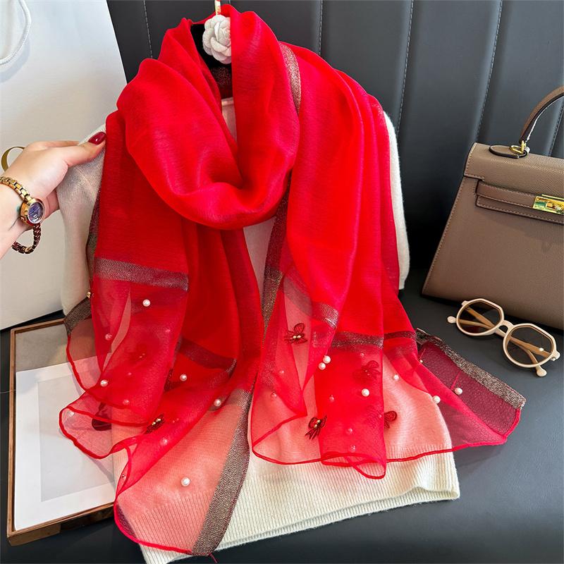 Luxuriöser, glänzender Spitzenschal aus Seide für Damen, Hijab, weiche Wolltücher und -tücher, große Blumen, dünne Schals, Foulard, Weiblich, Bufanda, Neu