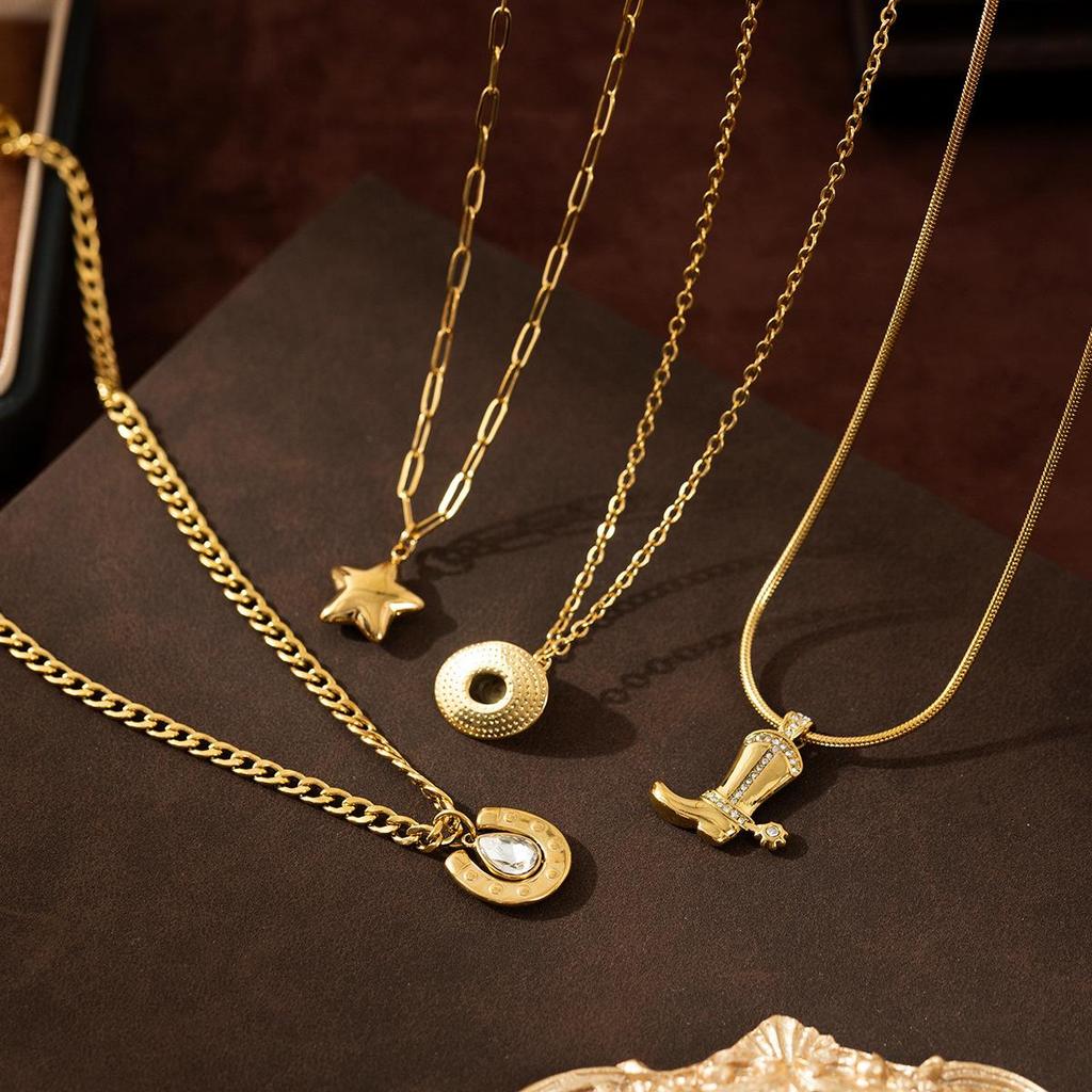 Stainless Steel Retro Cowboy Boots & Horseshoe Necklace with 18K Gold Electroplating