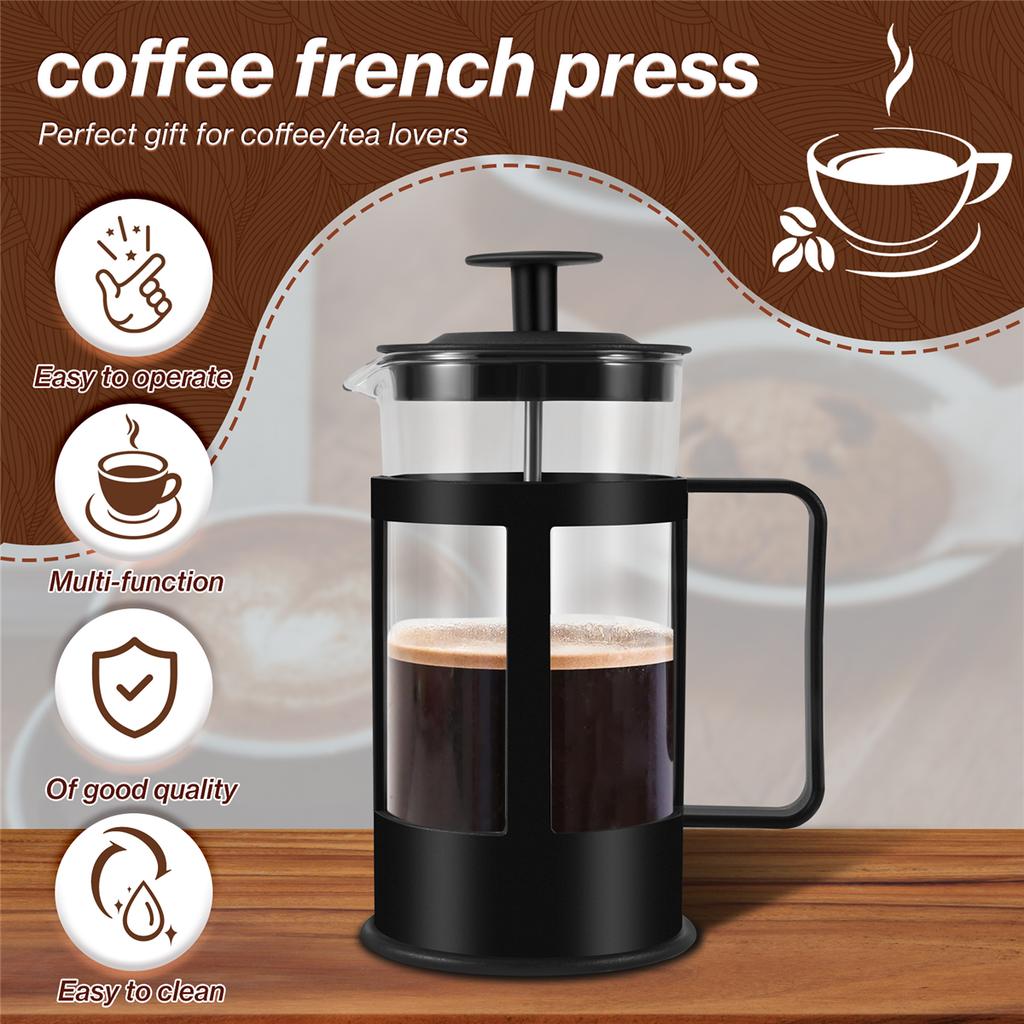 Heavy Duty French Press Coffee Maker 12Oz Heat-Resistant Glass Rustproof Filter Dishwasher Safe Tea Coffee Brewer with Handle