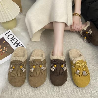 2025 automne et hiver nouveau rétro Mori peluche coton chaussures sac tête demi-pantoufles Muller à franges chaudes chaussures moelleuses femmes