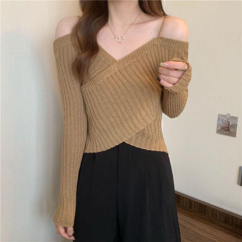 

Весенне-осенний свитер, нерегулярный топ с утечкой на плечах, женский топ Pure Lust с длинными рукавами и подтяжками L хаки