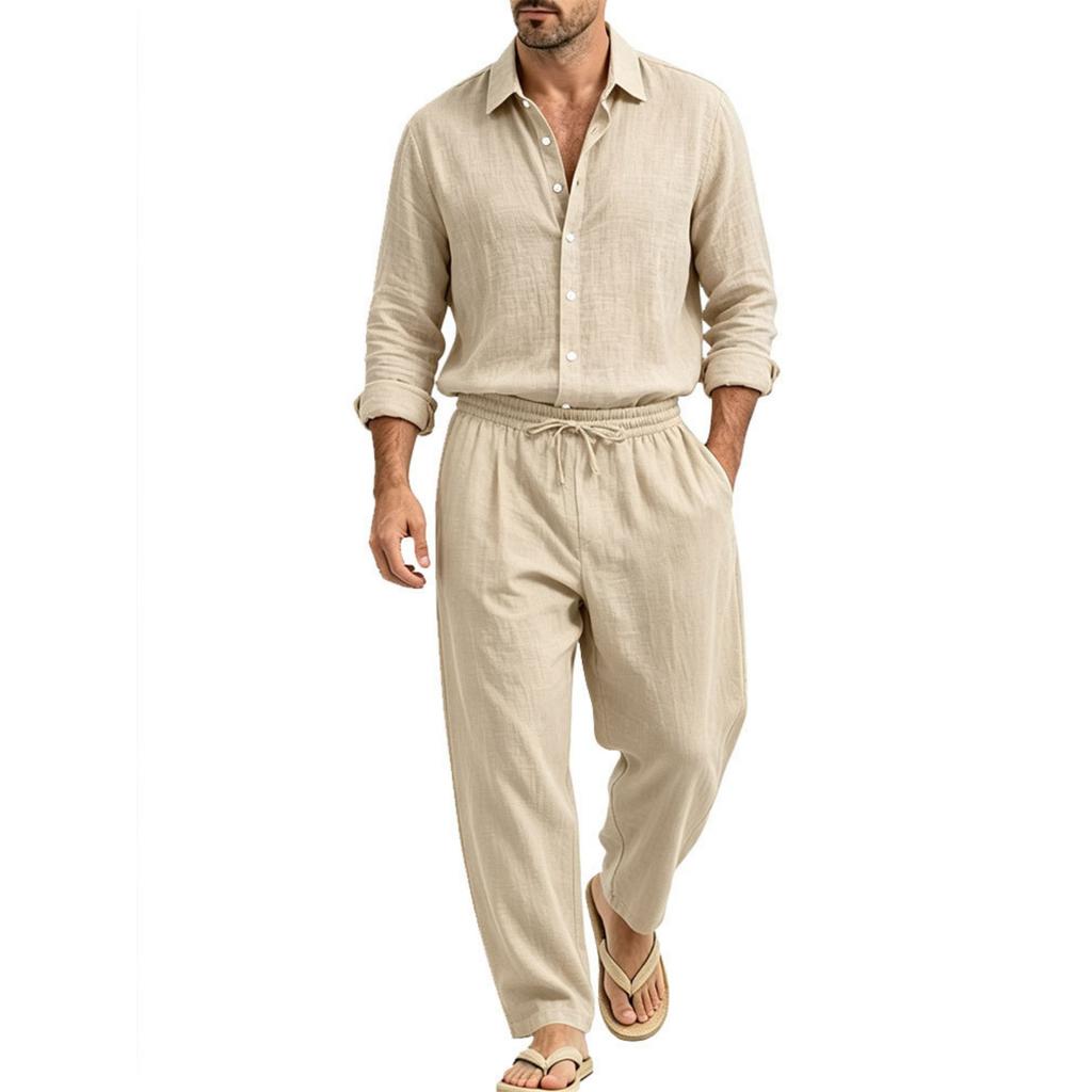 Men's Long Sleeve Shirt and Straight Leg Pants Set Vacation Casual Two-Piece Outfit