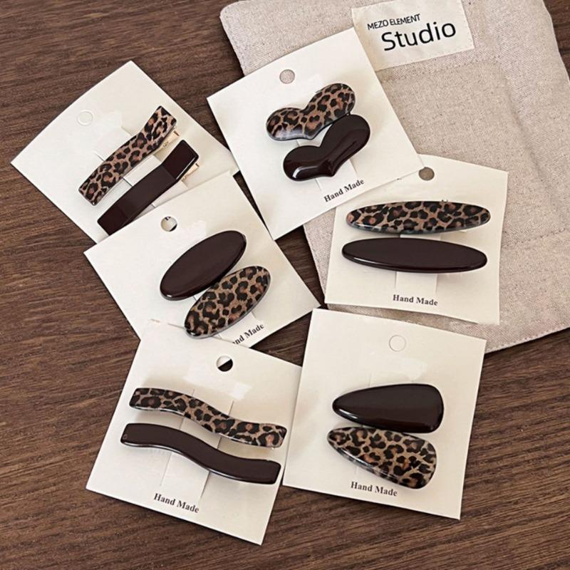 2Pcs Coffee Leopard Print Hairpin Side Clip Side Bangs Clip Temperament Love Duck Bill Clip Female Word Hairpin Hair Accessories