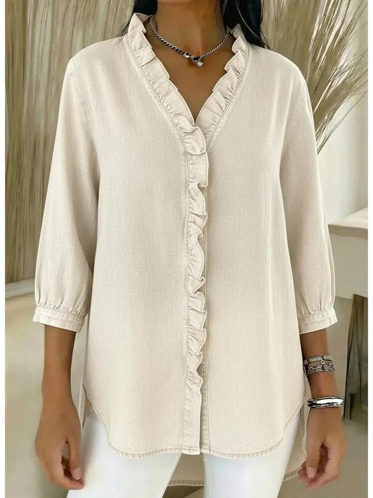 2026 Spring Women's Casual Faux Denim Ruffle V-neck Shirt