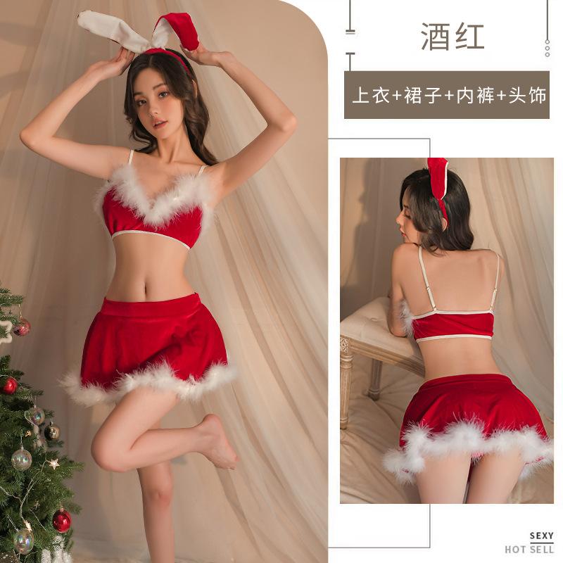 Christmas Bunny Sexy Christmas Pajamas Female Hot Hairy Skirt Backless Deep V Three Points