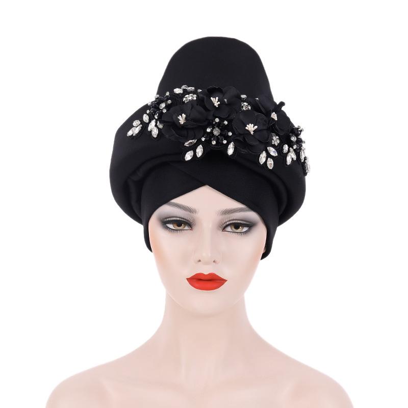 Ready To Ship 2025 Latest Ladies Flower Embroidery African Hats Fashion Ethnic Style Stretch Turban Headbands for Women