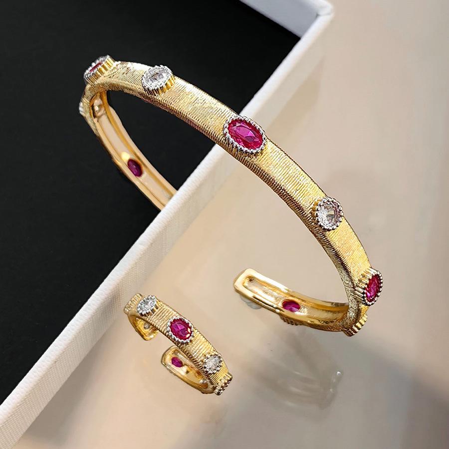 Italian Buccella Silk Craft Woven Gold Engraved Red Corundum Bracelet With Diamonds Two-Color Gold Ring Narrow Version Bracelet Women