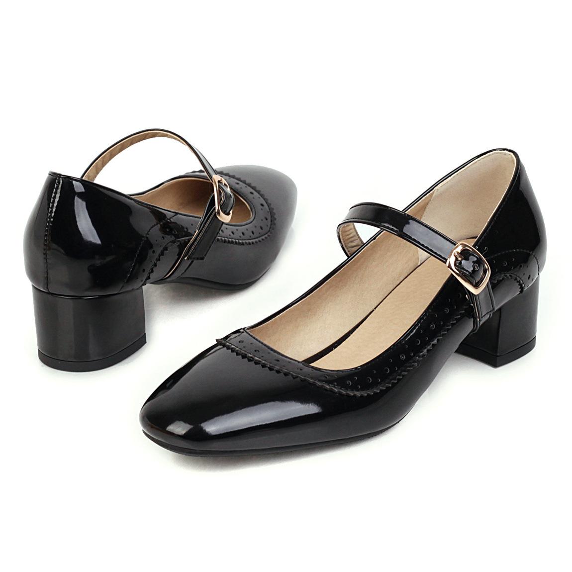 

Весенний новый продукт, удобные грубые каблуки, средний каблук, квадратная головка, неглубокий носок, большой размер, пряжка, женские одинарные туфли 34 чёрный