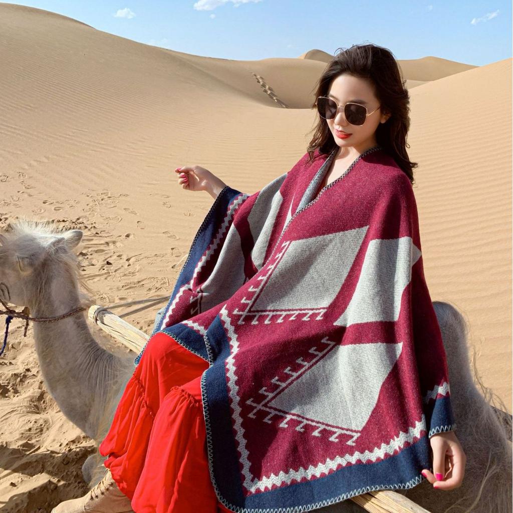 Thickened Split Shawl Fringed Scarf Women'S Knitted Cape Plaid Travel