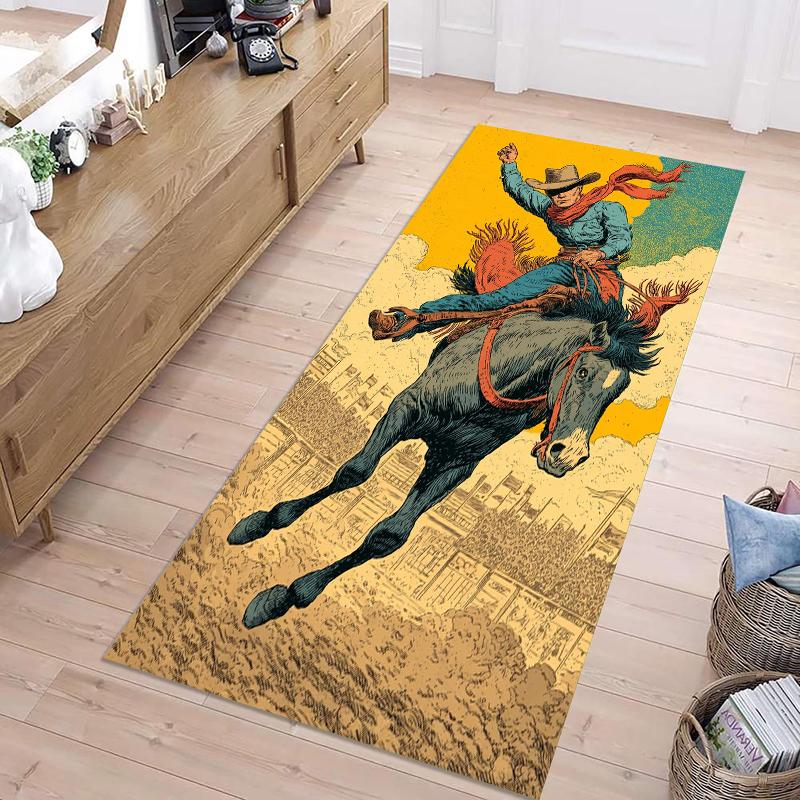 

Retro Western Cowboy Long Runner Rug Dynamic Horse Riding Print Durable Wear-resistant Non-slip Carpet for Hallway Entryway 40X120CM