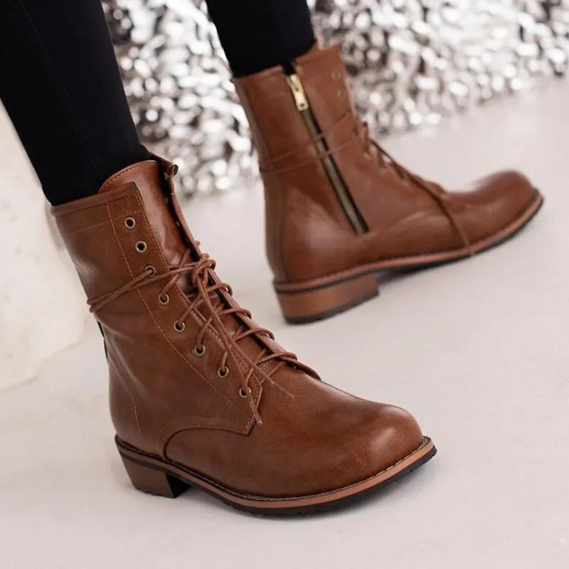 Plus Big Size 34-48 Combat Boots Side Zipper Women Boots Casual Cross Strap Short Boots Cowboy Boots Ankle Boots for Women
