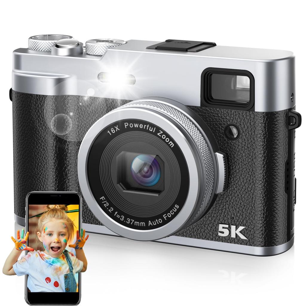 Sixtary 5K Digital Camera with 48MP Front and Rear Image Blogger 16x 64GB Card Black Silver Wi-Fi Transfer, Cameras, 6-Axis Stabilization, Flash,