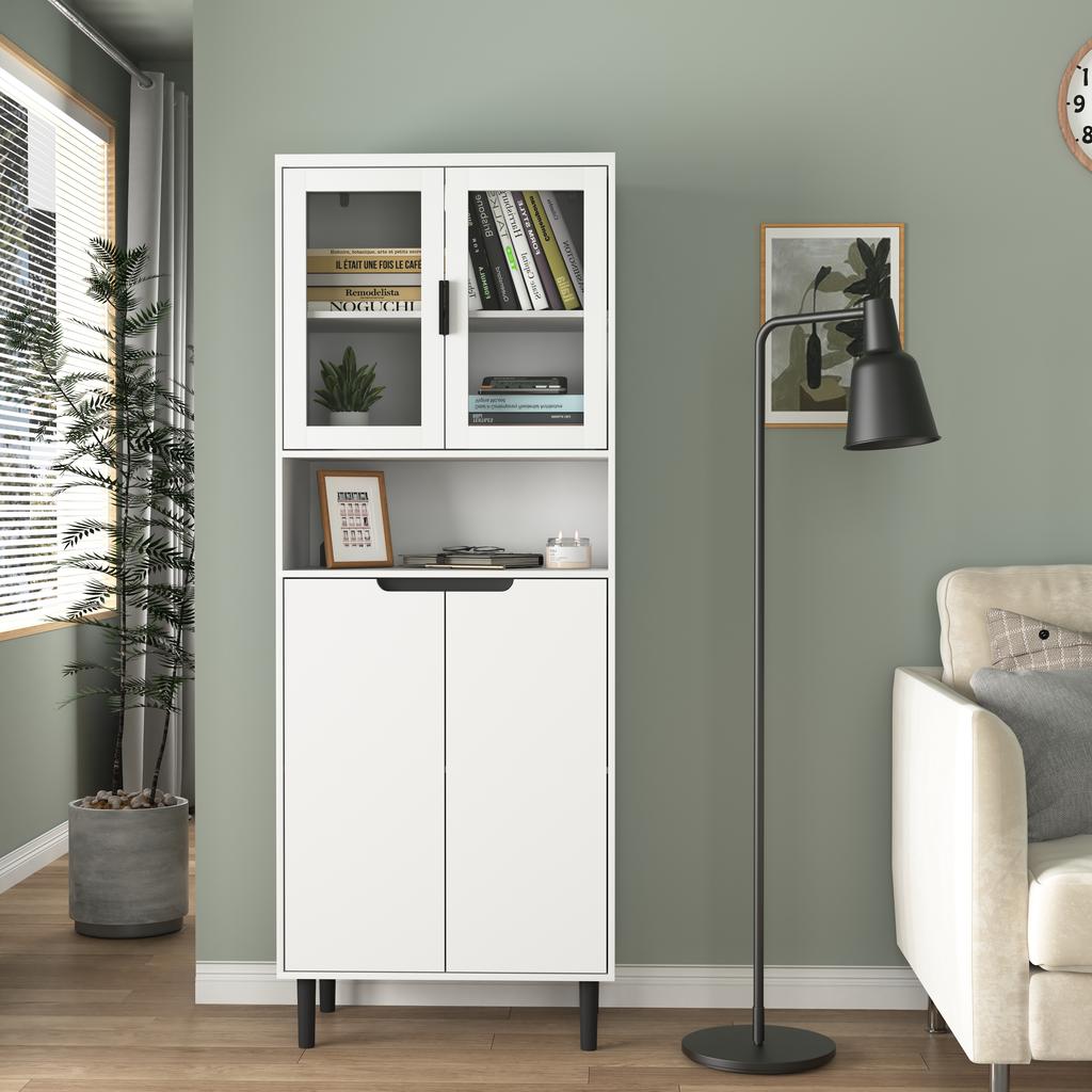Tall Bookshelf with Tempered Glass Door and Adjustable Shelf, 4 Doors, Painted MDF Cabinet, White, Storage for Living Room and Bedroom