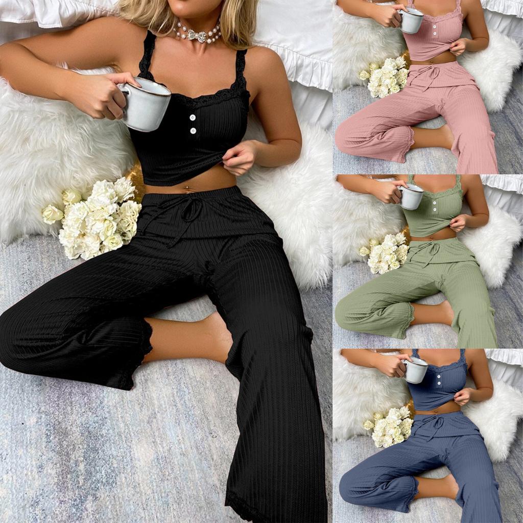 Two Piece Set Ladies Casual Camisole Pajamas Soft Homewear Summer Lace Camisole Pants Women Solid Striped Sexy Hottie Sleepwear
