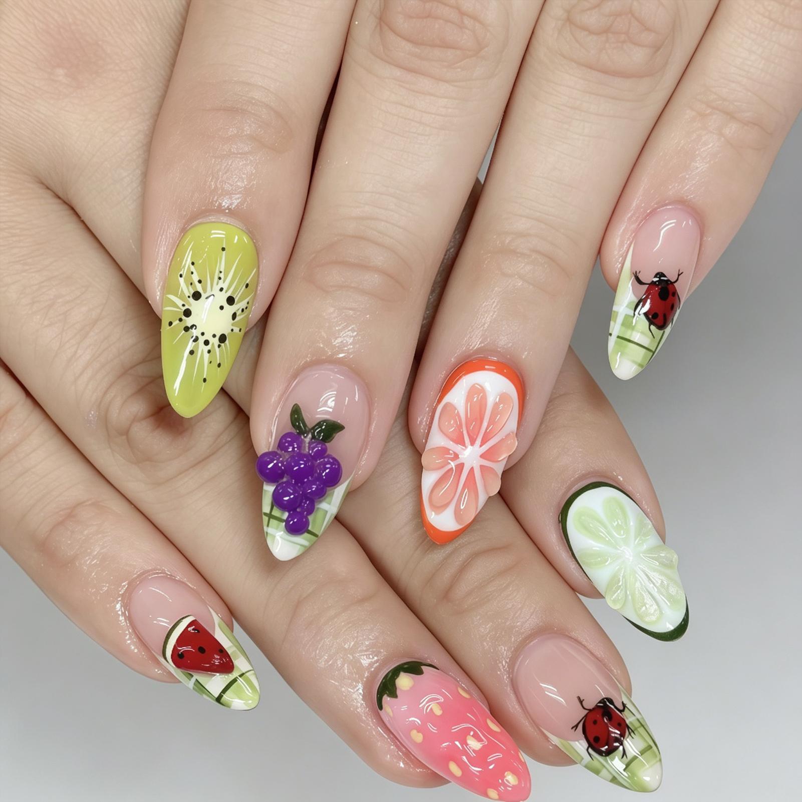 24Pcs 3D Fruit Fake Nails Artificial Nail Tips Press On Nails Artificial Manicure Tool Nail Tips Women Wearable Fake Nails