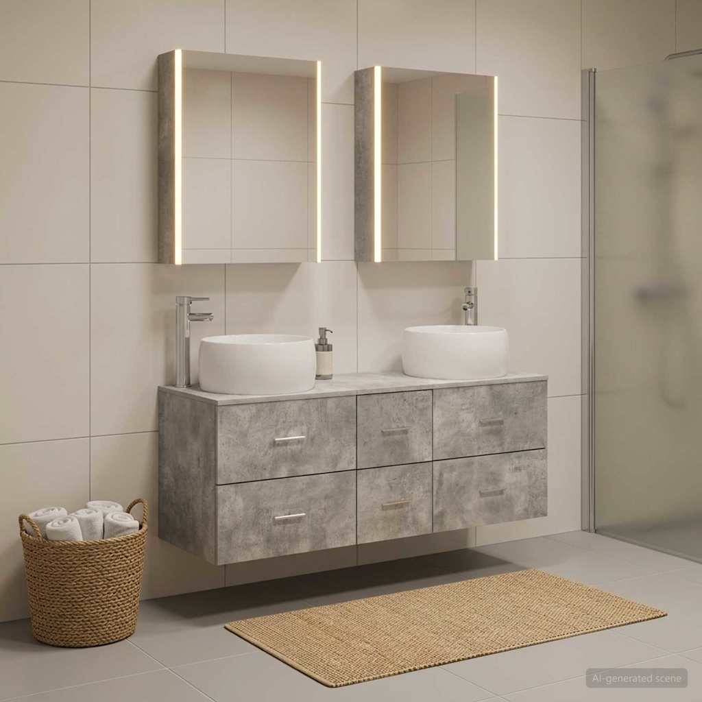 5 Piece Bathroom Furniture Set in Concrete Grey Made of Engineered Wood and Glass