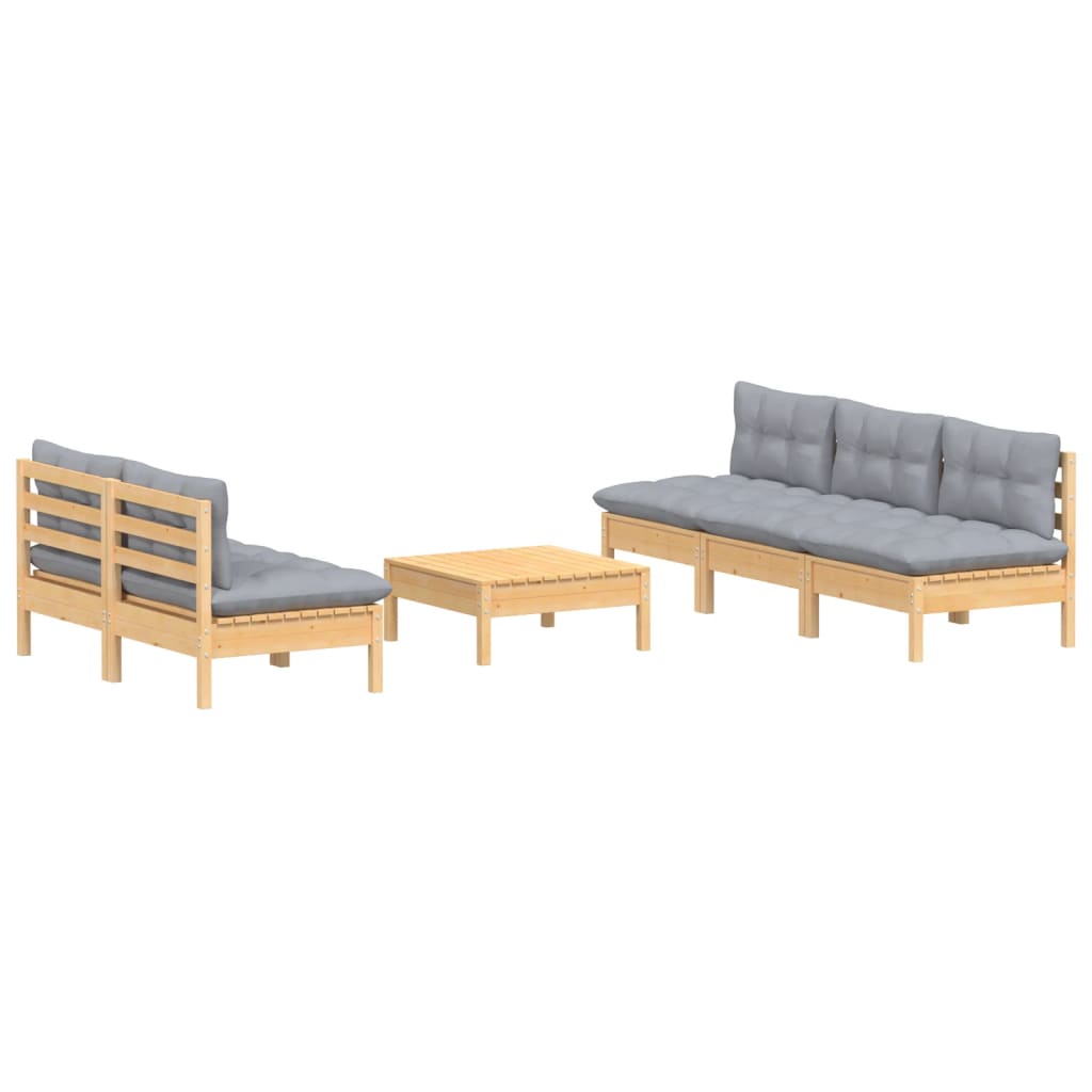 6 Piece Garden Lounge Set with Grey Cushions Pine Wood