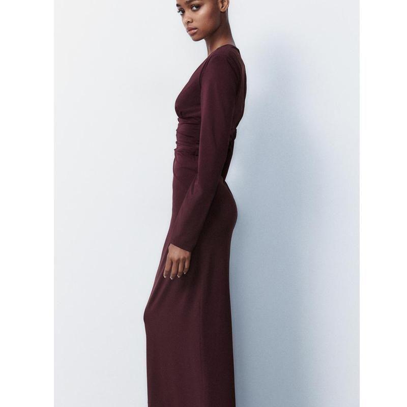 Fall and Winter New Women's Clothing New Year Christmas Dress Ruched Decoration Midi Skirt Long Dress 3152304