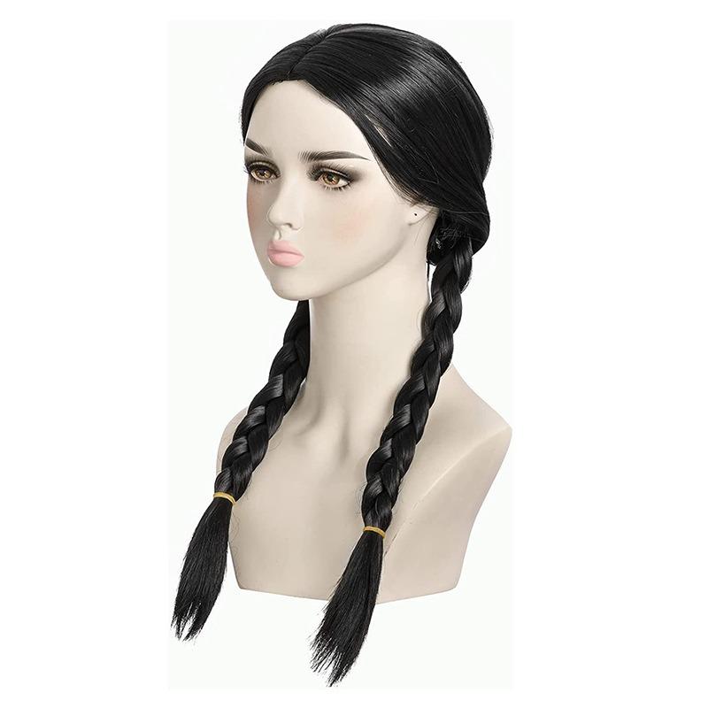 Cosplay Addams Family Zwarte Lange Vlecht Pruik Hoge Temperatuur Zijde Dagelijkse Slijtage Dames Volledige Pruiken Festival Feest Gesimuleerd Haar