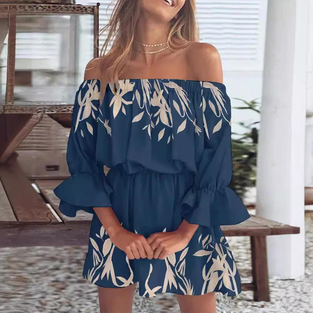 2026 European and American cross-border Amazon independent station sexy fashion one-word shoulder printing dress women's clothing, spot