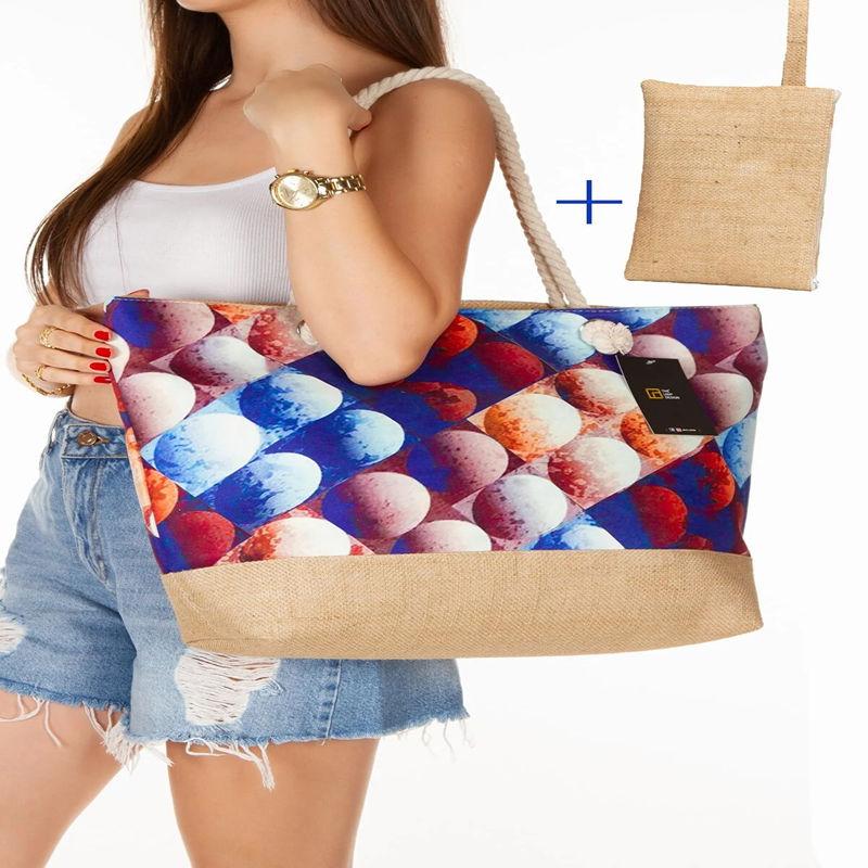 

Женская соломенная сумка Пляжная сумка из джутовой ткани с рисунком и мягкой ручкой