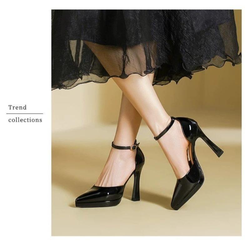 Fashion Platform One Strap High Heels Women's Medium Block Heel Summer New Pointed Toe Black Single Sandals